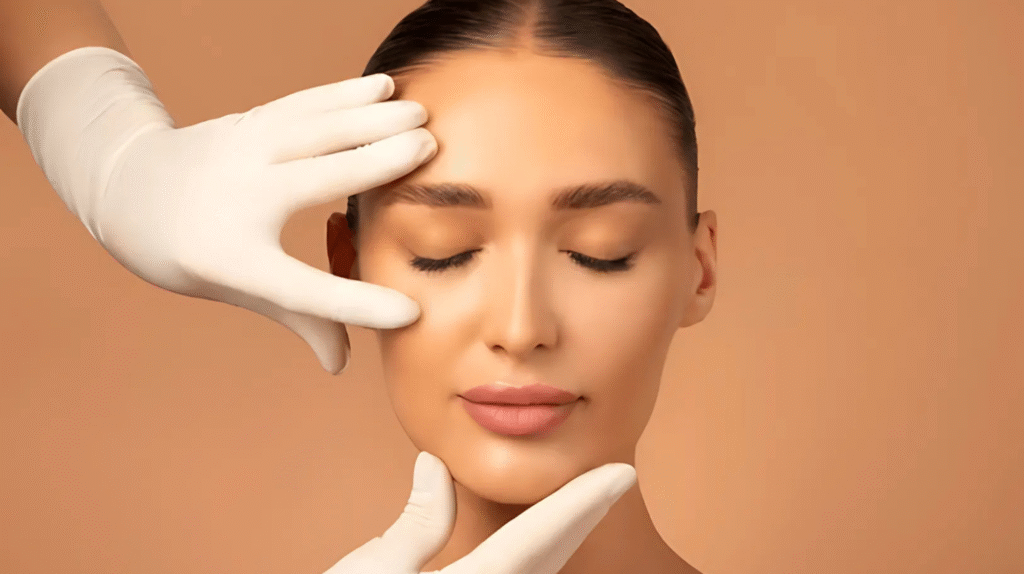 Консултация за естетична процедура – оценка на лицевите пропорции с медицински ръкавици