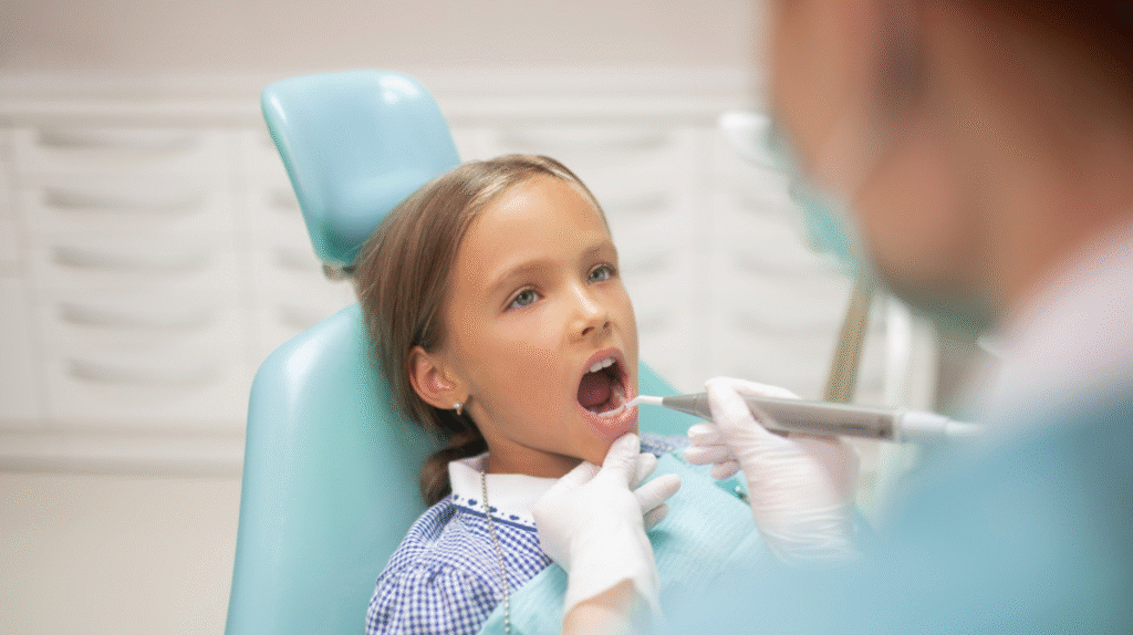 Малко момиче на стоматологичен преглед – детска профилактика в уютна клинична среда
