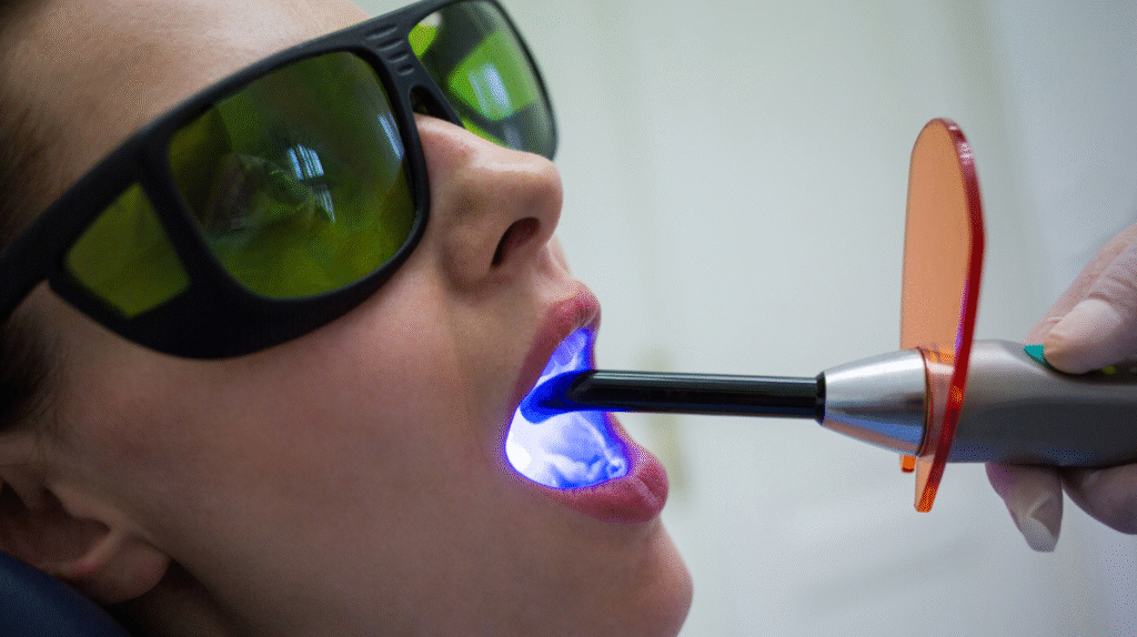 Пациент с предпазни очила по време на фотополимеризация със синя светлина – зъбна реставрация