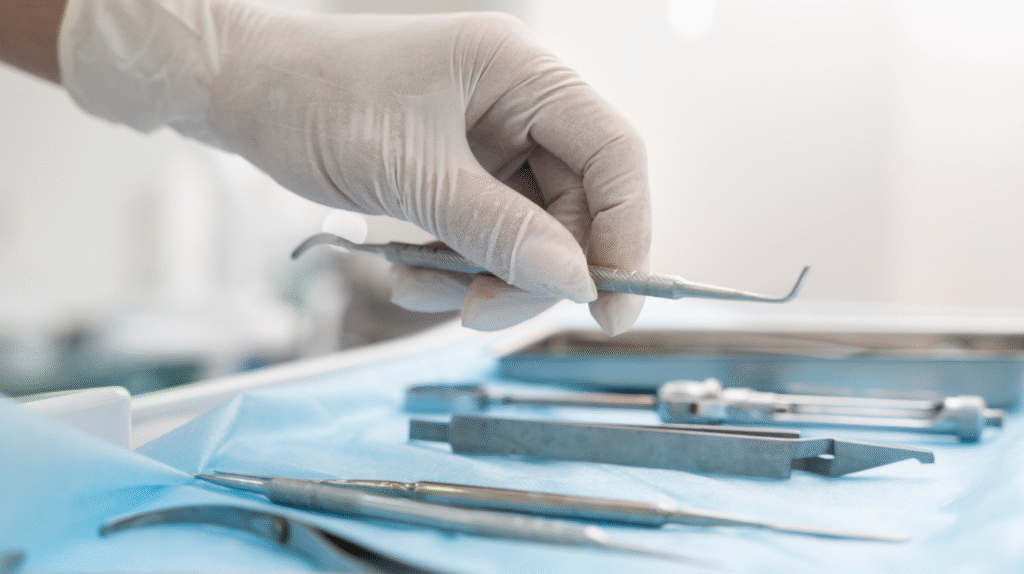 Подготовка за дентална процедура – избиране на инструмент от стерилен сет