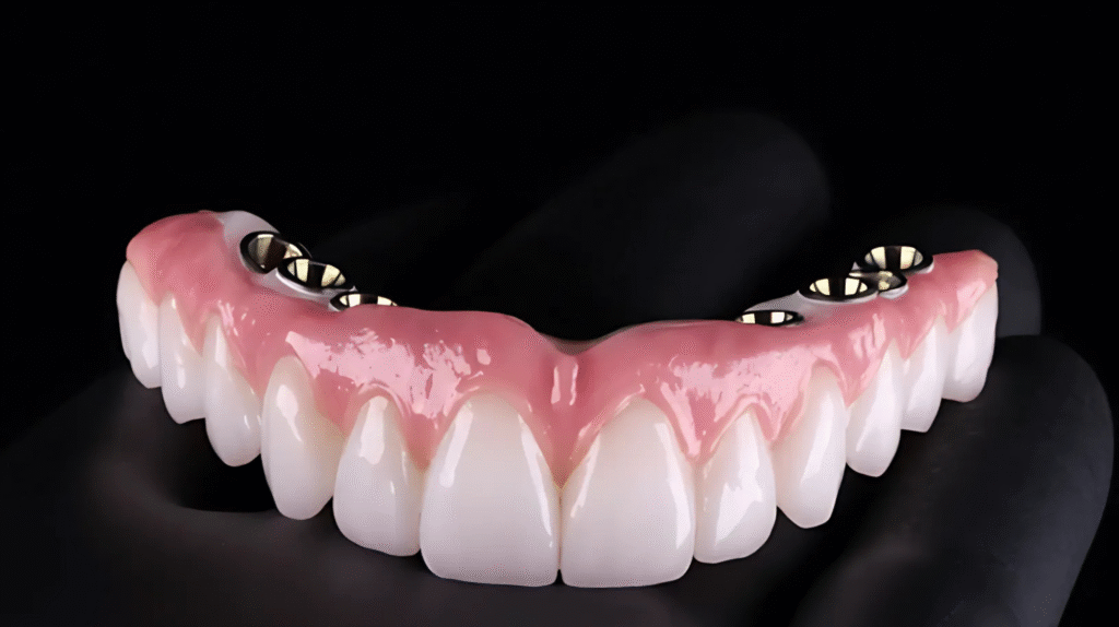 Цяла горна протетична конструкция с розова гингива и отвори за винтово фиксиране към импланти