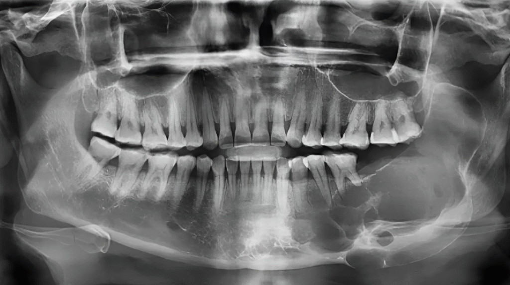 Панорамна дентална рентгенография с видими зъбни и костни структури, използвана за диагностика на лицево-челюстни тумори и други патологични изменения.