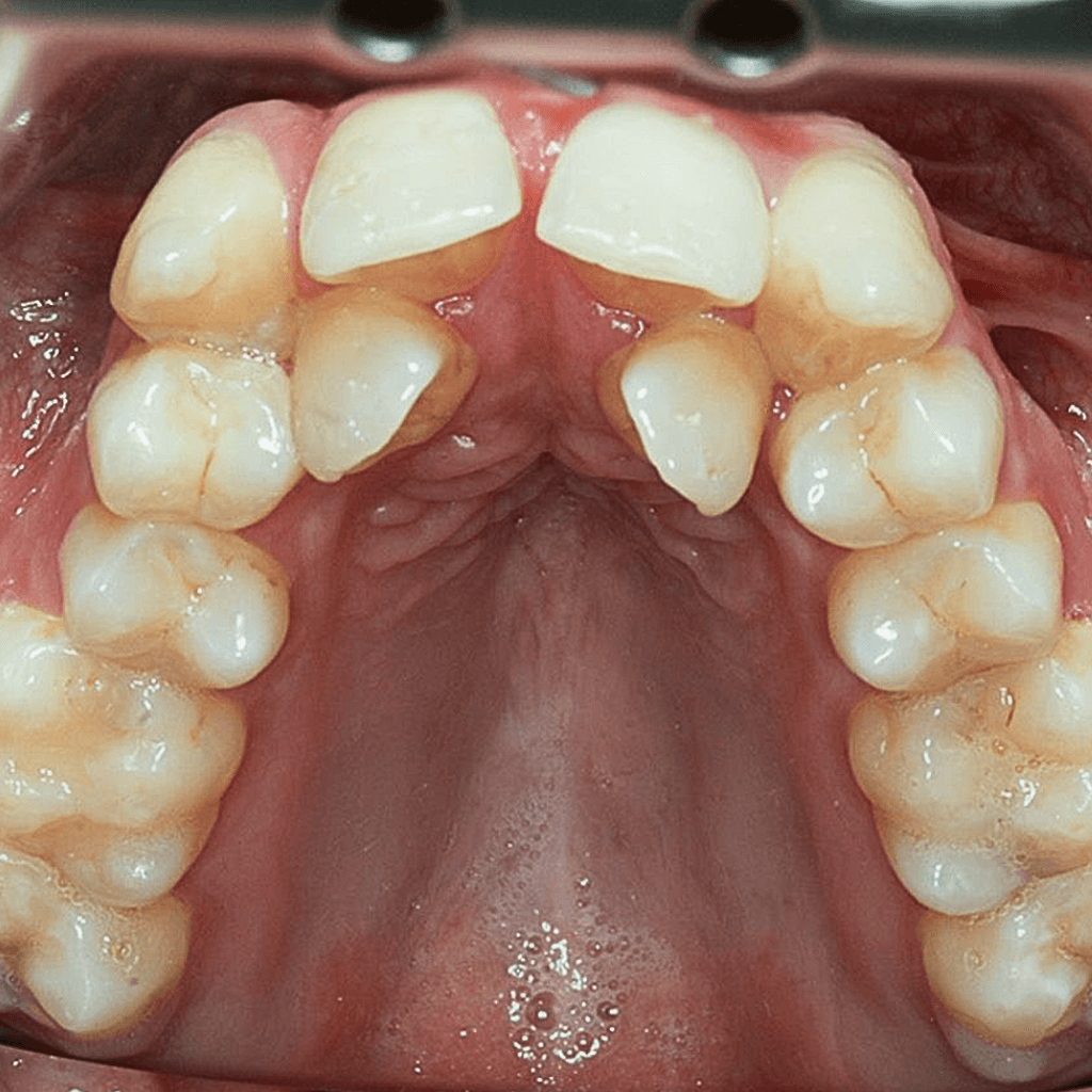 Ортодонтски случай преди лечение – неправилно подредени горни зъби с изразено струпване и тясна дъга