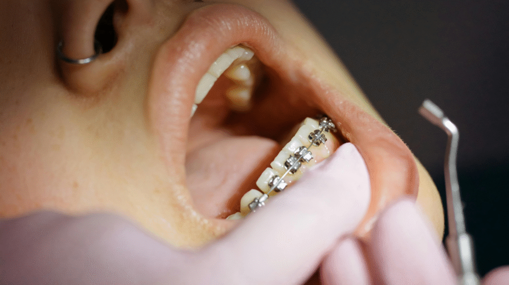 Пациент с брекети по време на ортодонтски преглед.