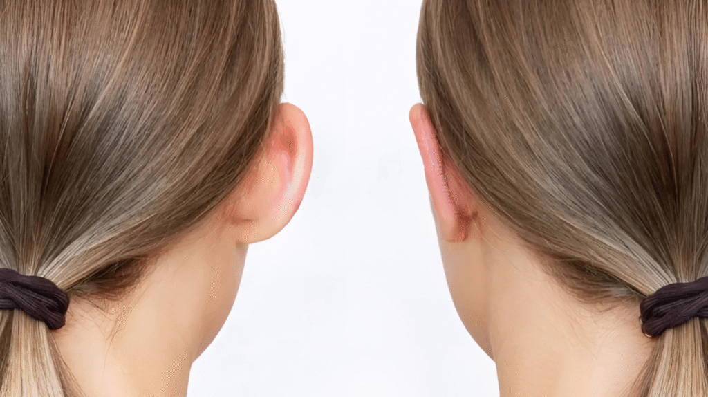 Сравнение преди и след отопластика – резултат от корекция на отстоящи уши в клиника Aesthetico