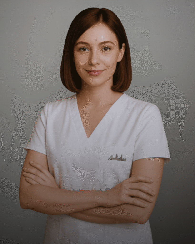 Медицински специалист от клиника Aesthetico с усмивка и професионално излъчване, облечен в бяла униформа с логото на клиниката