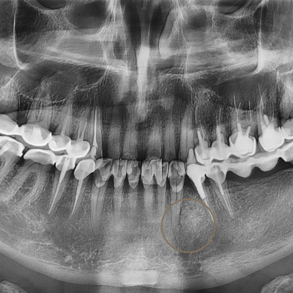 Контролна панорамна рентгенография след хирургична екстракция на ретинирания кучешки зъб – проследява се възстановяване на костната структура в оперативната зона.