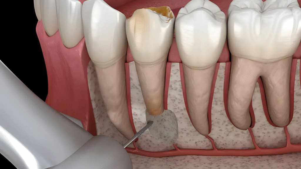 Схематично изображение на апикална резекция – хирургично отстраняване на гранулом в основата на зъбен корен