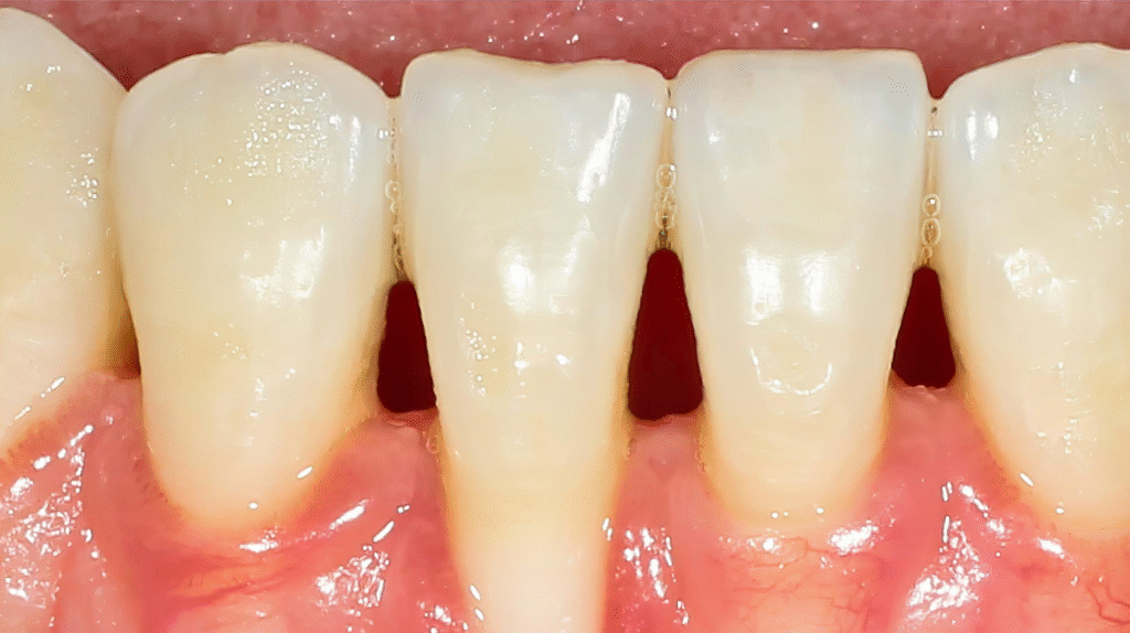 Близък план на зъби с отдръпнати венци и открити междузъбни пространства – признаци на пародонтален проблем