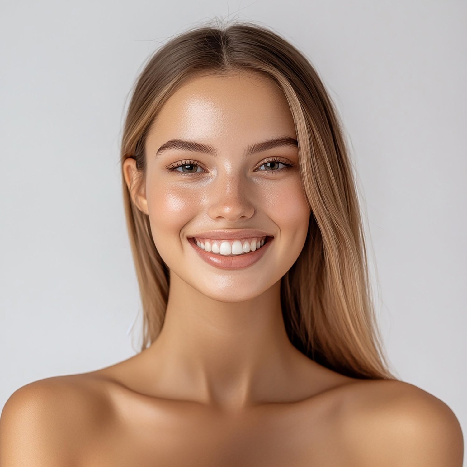 Млада жена с дълга коса и сияйна кожа, усмихната уверено – символ на естетика и здраве