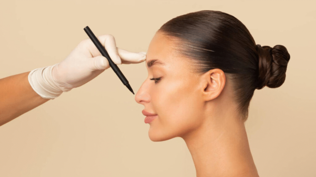 Жена в профил с прибрана коса, върху чийто нос лекар с ръкавица очертава линия с черен маркер – подготовка за ринопластика.