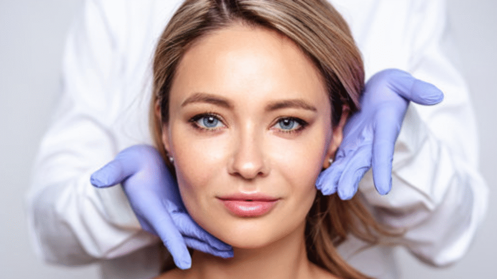 Млада жена с изразена кожа и сини очи, заобиколена от ръцете на лекар с лилави ръкавици – подготовка за естетична процедура като ботокс.