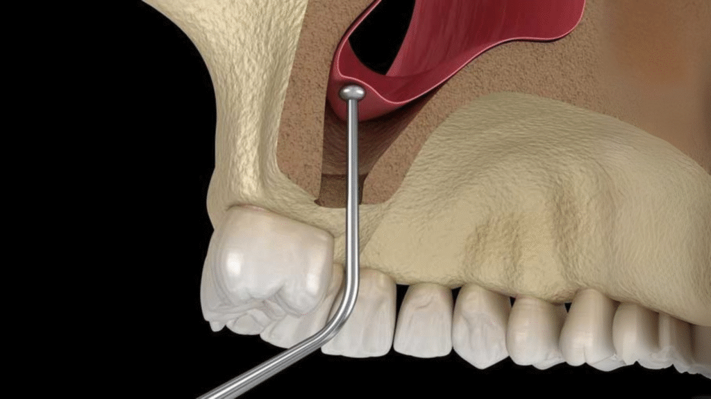 Илюстрация на процедура синус лифт – повдигане на лигавицата на максиларния синус с хирургичен инструмент, с цел създаване на пространство за костозаместителен материал преди поставяне на имплант.